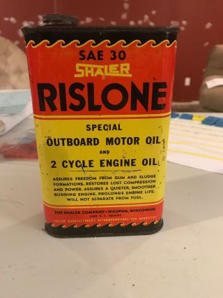 Vintage Shaler Rislone Outboard Motor Oil Can Great Graphics Rare Flat Quart
