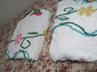 vintage cotton chenille bedspread Turquoise PEACOCK Pink Yellow flowers TWO (2) 10