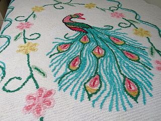 vintage cotton chenille bedspread Turquoise PEACOCK Pink Yellow flowers TWO (2) 11