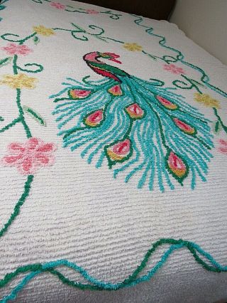 vintage cotton chenille bedspread Turquoise PEACOCK Pink Yellow flowers TWO (2) 2