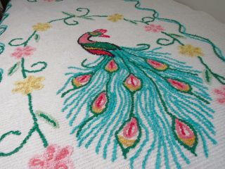 vintage cotton chenille bedspread Turquoise PEACOCK Pink Yellow flowers TWO (2) 3