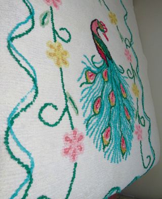 vintage cotton chenille bedspread Turquoise PEACOCK Pink Yellow flowers TWO (2) 4