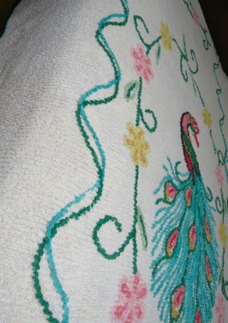vintage cotton chenille bedspread Turquoise PEACOCK Pink Yellow flowers TWO (2) 8