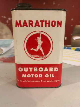 Vintage Marathon Outboard Motor Oil Can Great Graphics Rare Flat Quart
