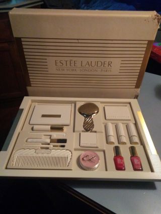1970s Vintage Estee Lauder Makeup Tray Eyeshadow Comb Brushes Blush.