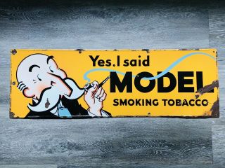 Vintage 1930’s Model Smoking Pipe Tobacco Gas Oil 36” Porcelain Metal Sign