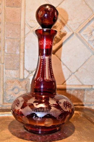 Vintage Ruby Red Bohemian Glass Decanter Hand Etched Deer Ground Glass Stopper