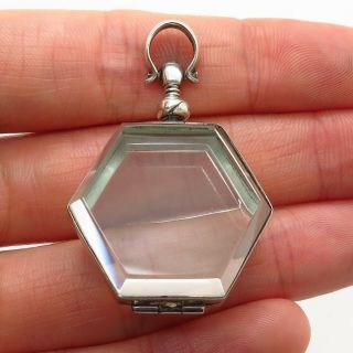 Antique Victorian 925 Sterling Silver Crystal Glass Hexagon Photo Locket Pendant