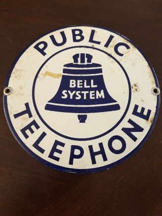 Vintage Public Telephone Bell System 7 Inch Round Porcelain Sign Advertisement
