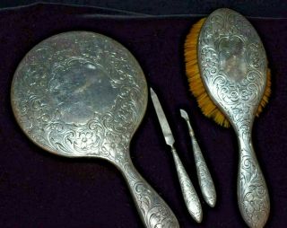 Antique Sterling Silver Mirror And Brush With Manicure Set