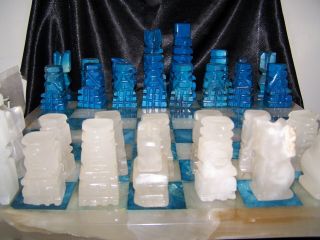 Vintage Marble Stone Chess Set With Blue & White Aztec Artisan Carved Tiki Pawn