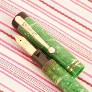 Vintage Sheaffer Lifetime Green Jade Double - Jewel Flat - Top Fountain Pen Early
