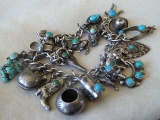 Vtg Sterling Western 7 3/4 " Bracelet 20 Charms 18 W/turquoise 45.  6 Grams