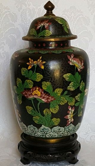 Vintage Chinese Cloisonne Enamel Ginger Jar / Urn With Flowers 10 "