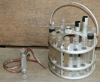 Vintage Aluminum Pyrex Test Tube Holder / Carrier And Oil Pump