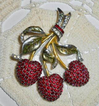 Du Jay Dujay (unsigned) Vintage Enamel Ruby Red Rhinestones Cherries Brooch Pin