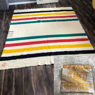 Fabulous Vintage Hudson Bay Wool Blanket Stripe 4 Point - 76” X 89” Made England