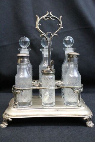 Antique Vintage Silverplate Clear Pattern Glass 6 Bottle Cruet Set Unmarked