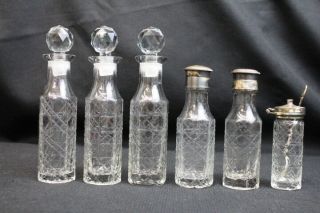 Antique Vintage Silverplate Clear Pattern Glass 6 Bottle Cruet Set Unmarked 5