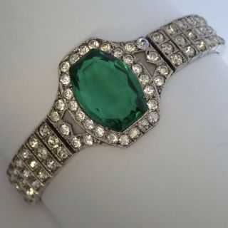 Antique Art Deco Sterling Silver Emerald Green Crystal Paste Rhinestone Bracelet