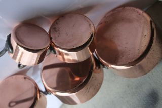 Vintage 5 Piece Copper Pan Pot Set Tin Lined With Cast Iron Handles 3.  2kg/7.  1lb