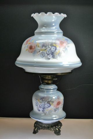 Large Vintage Gwtw Hurricane Lamp Pearlized Blue & Floral Design 25 " Tall