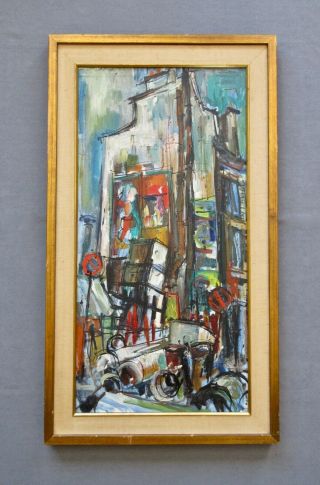 Vintage Mid - Century Modern Abstract Cityscape Oil Landscape Painting