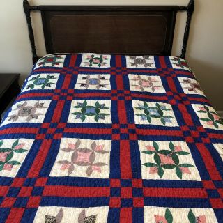 Vintage Handmade Hand Quilted Abstract Tulip Block Quilt 61 " X 76 " Red Blue