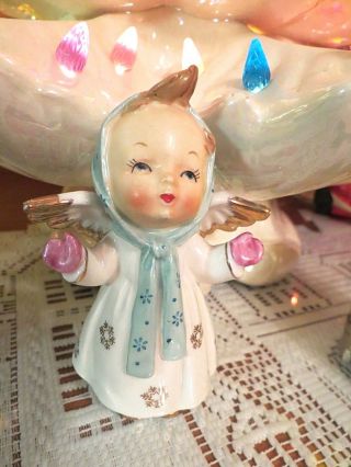 Vtg Christmas Angel W Pink Mittens Green Scarf Gold Snowflake Dress Gold Shoes
