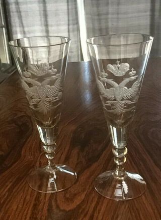 Vintage Crystal Etched Wine/ Champagne Glasses.  Russian Royal Coat Of Arms.