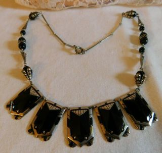 Antique Art Deco Black Onyx Glass Dangling Pendants Necklace 16 1/2 " Around