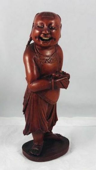 Fine Vintage Chinese Hand Carved Boxwood Laughing Man Holding Bat Bone Teeth N/r