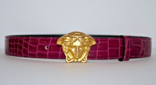 Vntg Gianni Versace Alligator Stamp Pink Leather Belt Medusa Bukle Sz 65/26