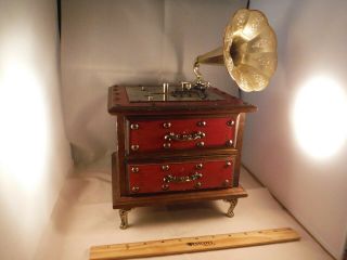Rare Vintage Retro Grammaphone With Horn 12 Disc Playing Music Box