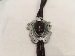 Mahogany Obsidian & Sterling Silver Bolo Tie Aztec Face Mask From Mexico Vintage