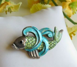 Margot De Taxco Fish Brooch Pin Jewelry Enamel Enameled Mexico 5847 Vtg (id449)