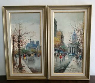 Vintage Mid Century Paris France Street Autumn Two Oil Paintings Signed Merchand