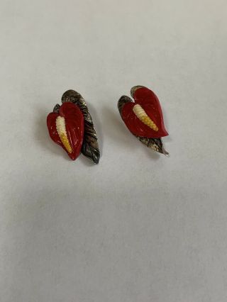 Vintage Ming’s Honolulu Red Anthurium Flower Sterling Silver Clip Earrings