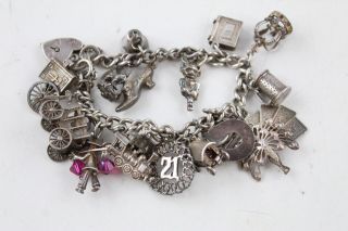 Vintage.  925 Sterling Silver Charm Bracelet W/ Opening Charm Safety Chain (65g)