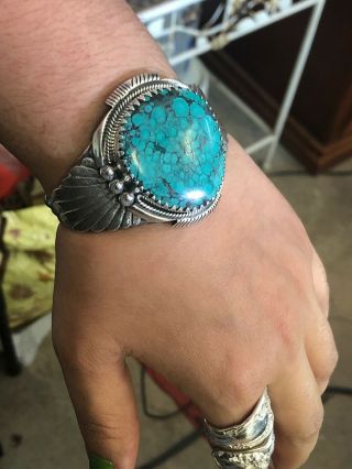 Vintage Signed F Sterling Silver Large Turquoise Cuff Bracelet 83 Grams