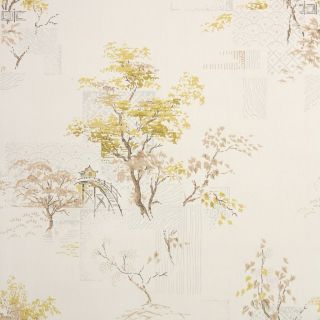 1950s Botanical Scenic Vintage Wallpaper Yellow And Ivory Asian Landscape Trees