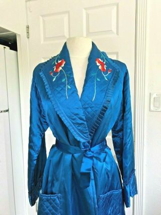 Vintage Embroidered Japanese Tourist 40 ' s Blue Satin Quilted Robe UNWORN 2