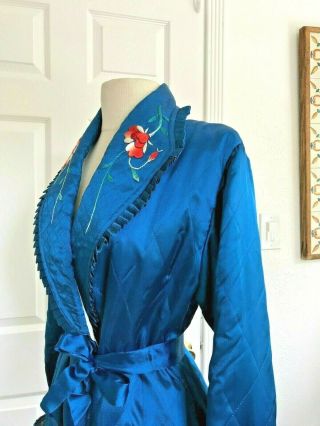 Vintage Embroidered Japanese Tourist 40 ' s Blue Satin Quilted Robe UNWORN 5