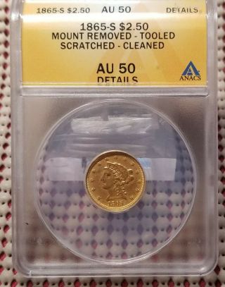 1865 S $2.  50 Quarter Eagle Liberty Head Us Gold Coin Rare Date Au Details