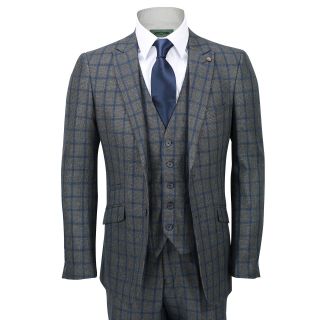 Mens 3 Piece Suit Tweed Blue Grid Check On Grey Vintage Herringbone Tailored Fit