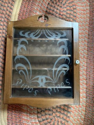 Vintage Pipe Cabinet Wood Tobacco Glass Front Case Curio Display Holds 16 Pipes
