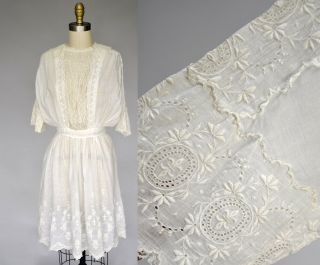 Vtg Antique Edwardian White Cotton Dress Gown Lace Fleur De Lis Embroidery Xs