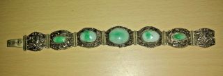 Gorgeous Vintage Sterling Silver & Jade Filigree Ornate Panel Bracelet Bj China