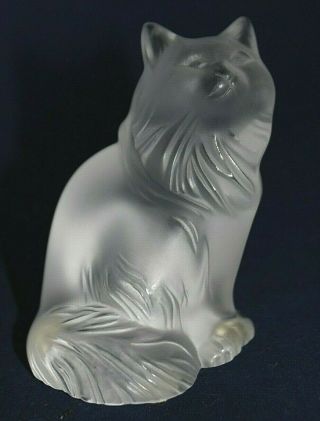 Vintage LALIQUE FRANCE Heggie Cat Frosted Clear Glass Figurine 3.  5 