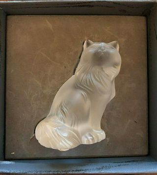 Vintage LALIQUE FRANCE Heggie Cat Frosted Clear Glass Figurine 3.  5 